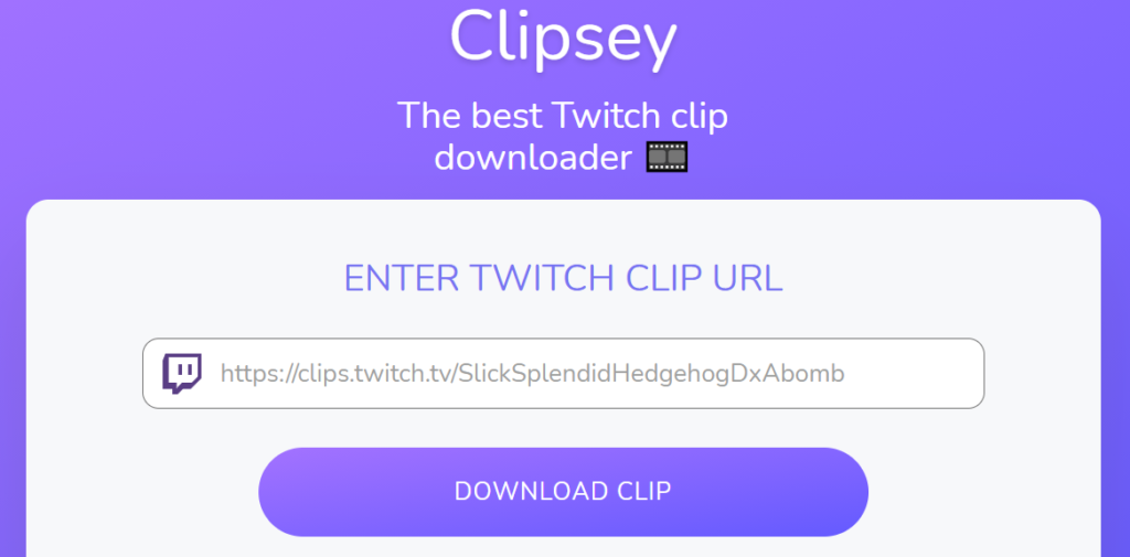 A screenshot of the "clipsey" website interface for downloading twitch clips, prompting to enter a twitch clip url.