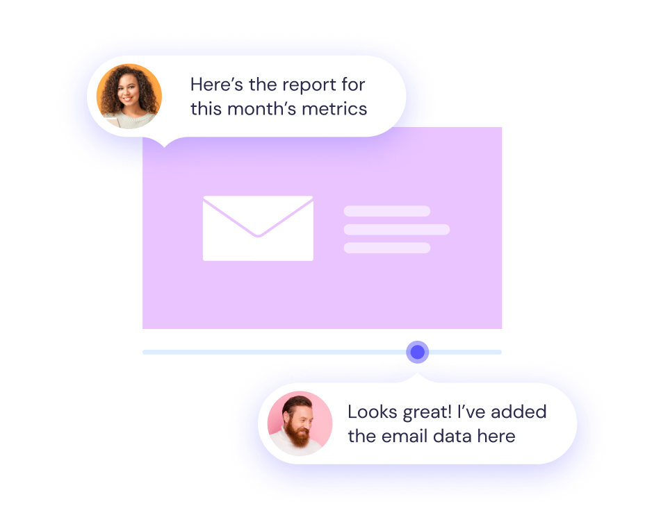 Two characters engaged in a professional online chat discussing a monthly metrics report with email data added.