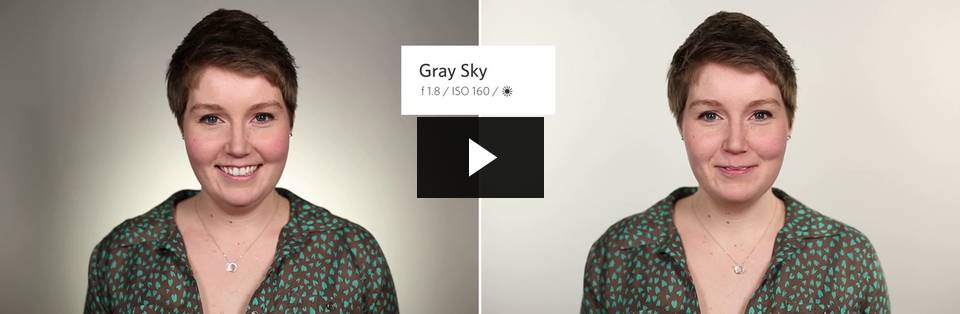 A split-screen image showing a woman with short hair before and after makeup application, accompanied by a "gray sky" filter indication and a video playback icon.