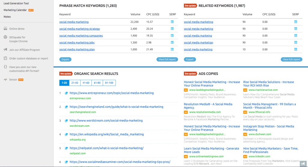 A screenshot of a keyword research tool displaying tables of phrase match keywords and related keywords, along with search volume, cpc, and competition data for seo and online marketing analysis.