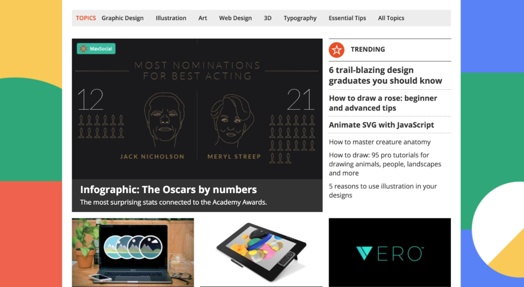 Website homepage showcasing articles on graphic design, including an infographic about the oscars and tips for design and illustration.
