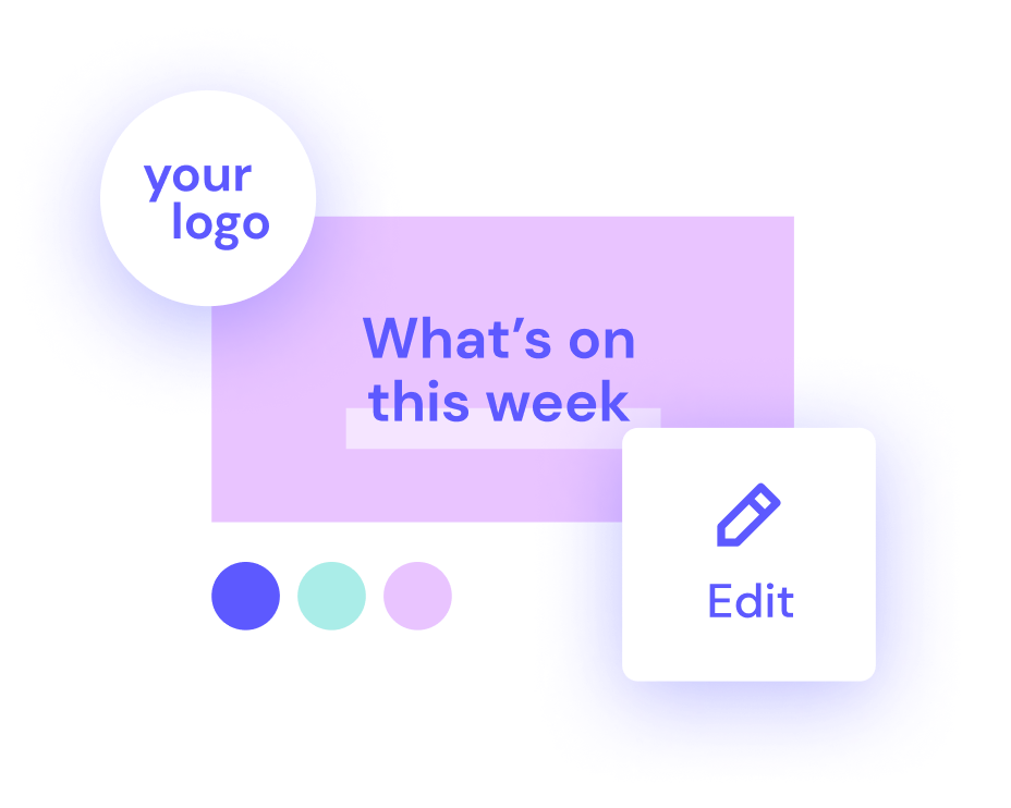 Graphic template for a weekly event schedule with space for a logo and an edit button.