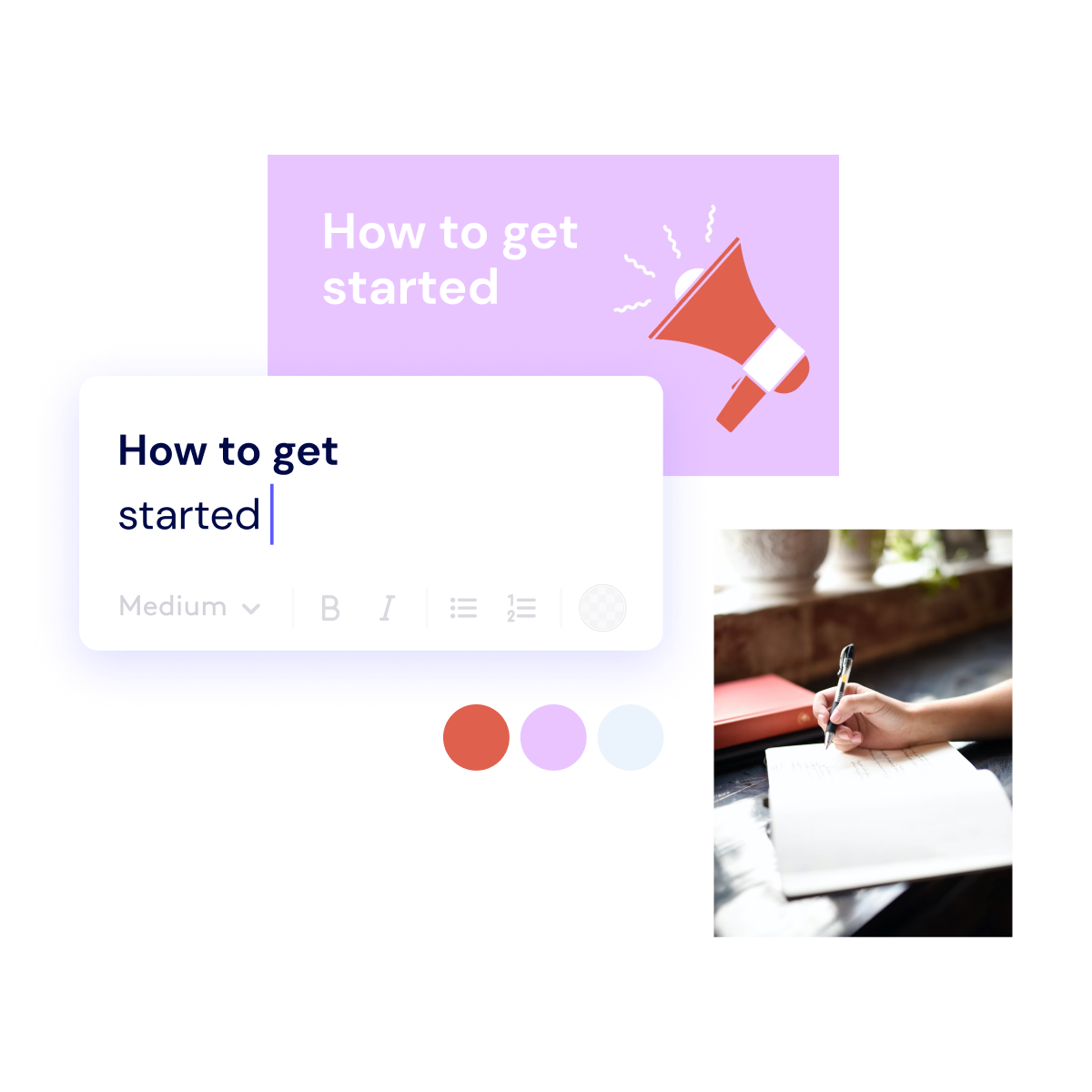 Digital graphic of a Biteable video maker interface with "how to get started" heading and an overlay of a person writing in a notebook.