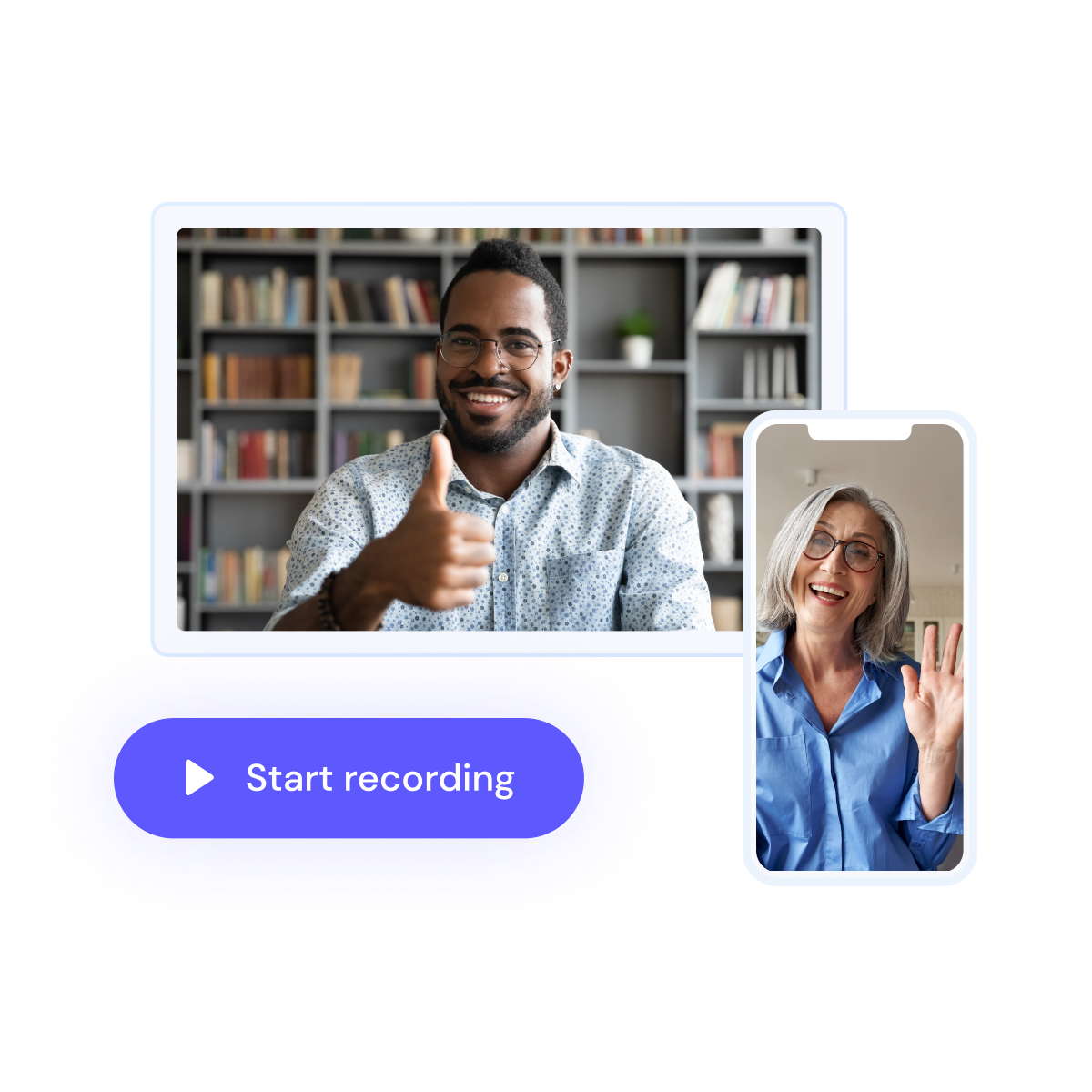 A smiling man gives a thumbs-up in a video call interface with a woman waving hello, accompanied by a "start recording" button.