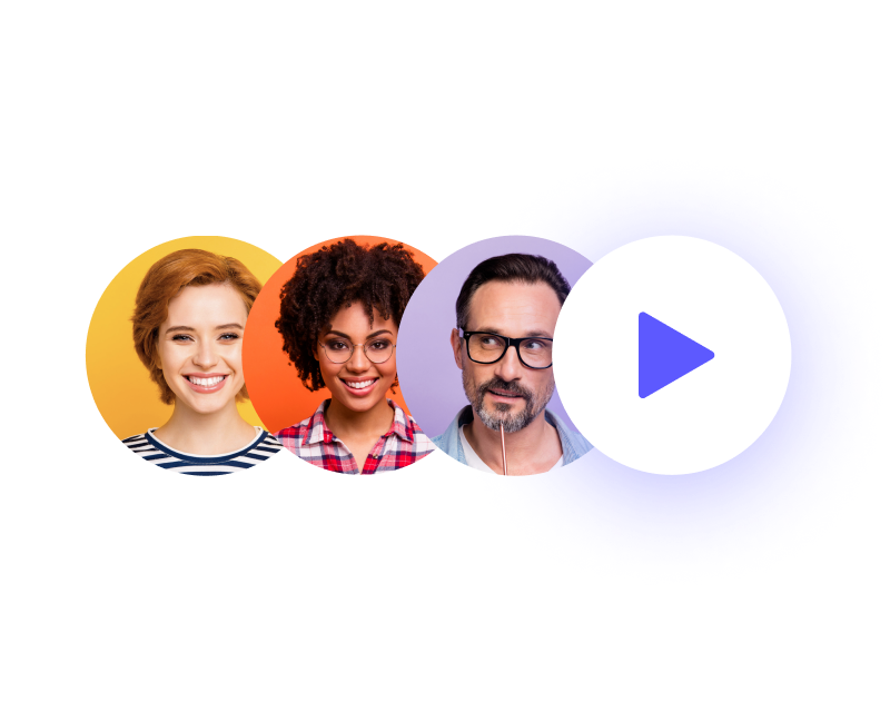 Three diverse individuals with a play button icon, symbolizing multimedia interaction or content viewing.