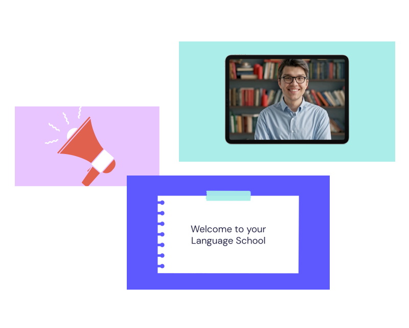 A collage of digital graphics presenting an online language school concept, featuring an image of a cheerful instructor, a megaphone icon, and a welcome sign.