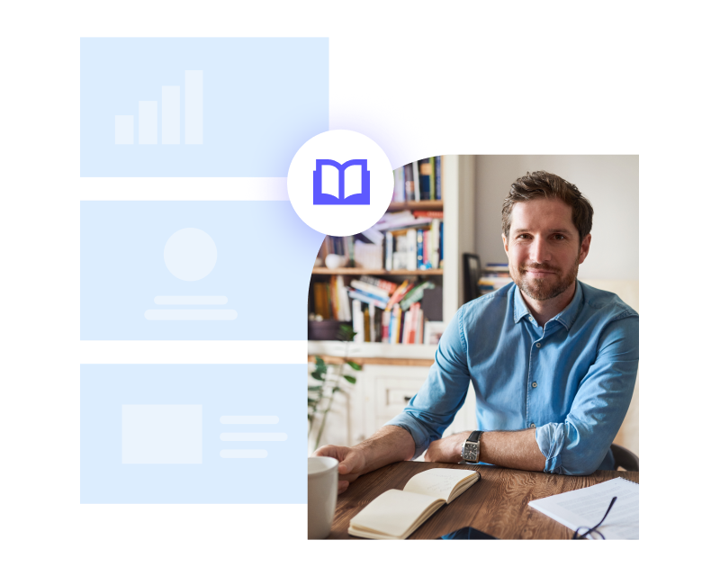 Man at a desk with an open notebook, digital icons representing data and learning concepts floating to his left.