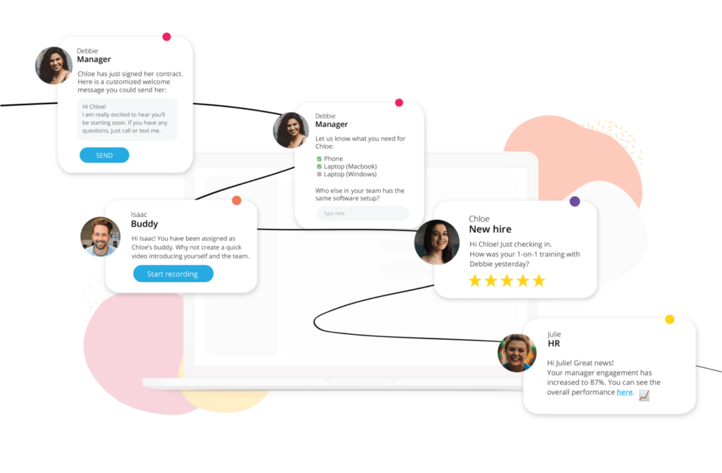 A colorful illustration of a user interface for a messaging app with chat bubbles showing conversation between team members and an hr representative.
