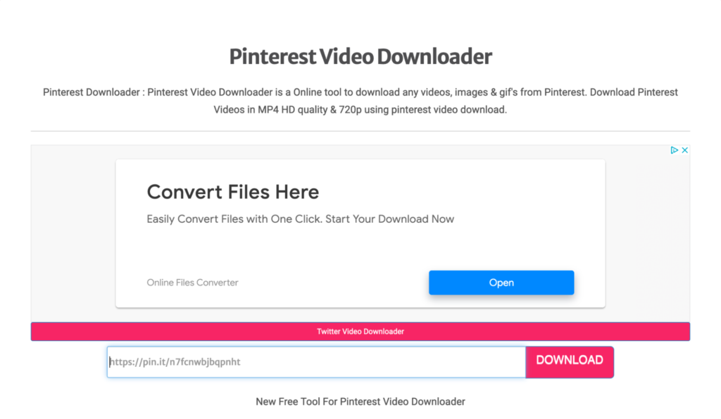 Web page interface of pinterest video downloader service, offering tools to convert and download videos from pinterest.