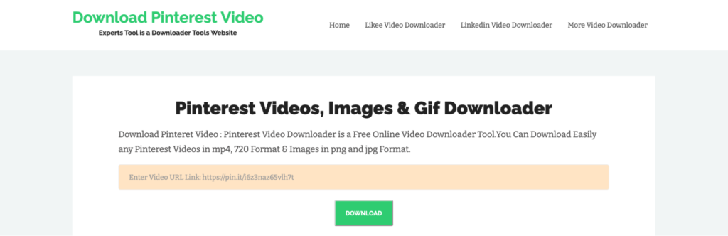 A screenshot of a web page offering a service to download pinterest videos and images, featuring a text field for entering a video url and a download button.