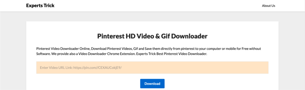 A screenshot of a website called "experts trick," featuring a tool for downloading hd videos and gifs from pinterest.