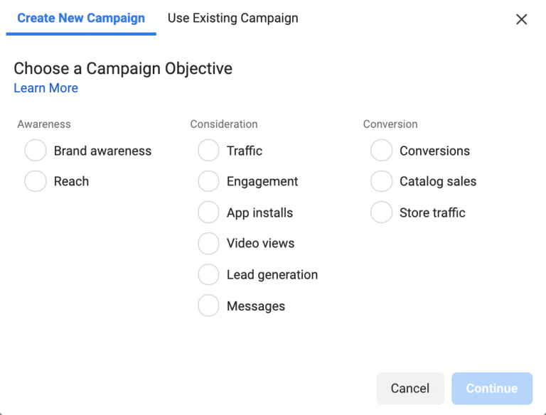 User interface of an online advertising platform displaying options for creating a new campaign with goals such as brand awareness, reach, traffic, engagement, app installs, video views, lead generation, messages, and conversions.