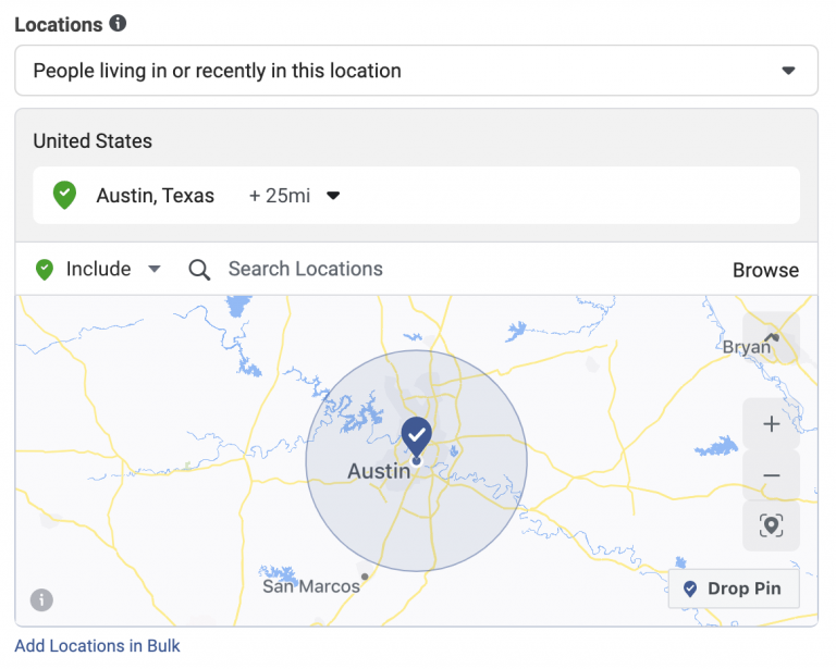 Screenshot of a map targeting austin, texas, with a radius selection tool for defining a specific area around the city.