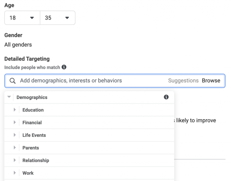 Screenshot of a digital advertising platform's audience targeting section, with options for age range, gender, and detailed targeting criteria such as demographics, interests, or behaviors.