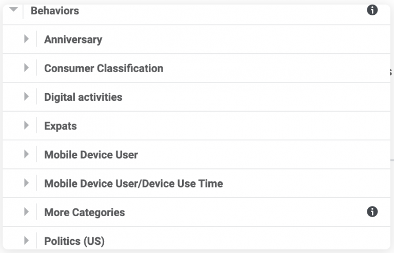 Screenshot of a digital interface showing a list of categories related to user behavior tracking, such as 'anniversary,' 'consumer classification,' and 'digital activities.'.