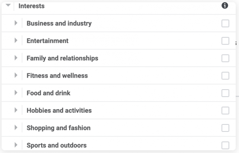A screenshot of a digital interface showing a list of categorized interests such as business, entertainment, and fitness for user selection or profiling purposes.