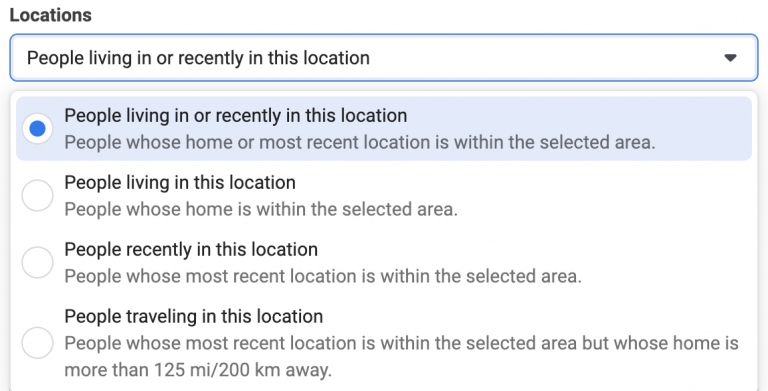 Dropdown menu showing options to filter people by living status or recent location within a selected area.