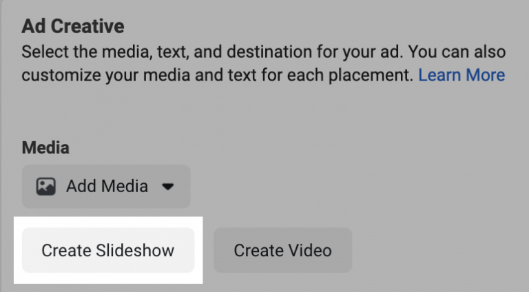 User interface of an ad creation tool with options to add media or create a slideshow/video.