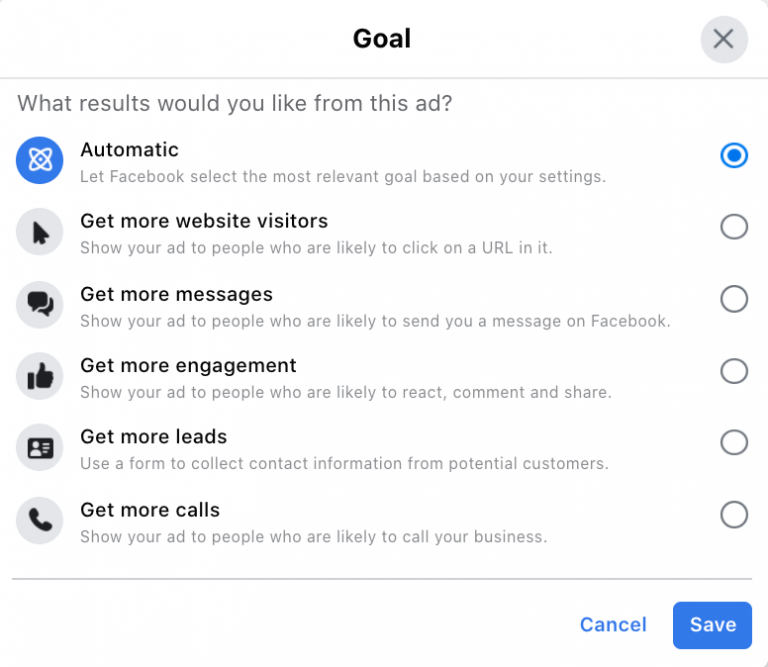 A screenshot of an advertisement goal selection interface with options for website visits, engagement, messages, leads, and calls.