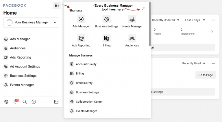 Screenshot of facebook business manager interface with an arrow pointing to the tools menu.
