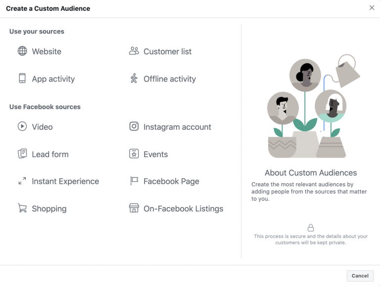Screenshot of a digital interface for creating a custom audience with various data source options like app activity, offline activity, and facebook sources.