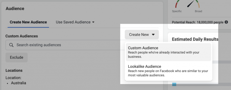 Screenshot of a social media advertising platform interface showing audience creation tools with options for targeting a specific audience in australia.