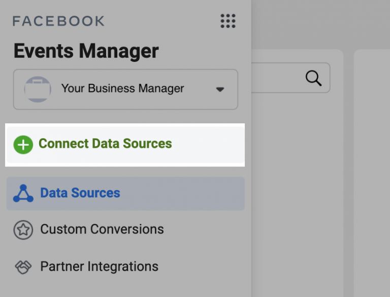 Screenshot of facebook events manager with an option to connect data sources highlighted.