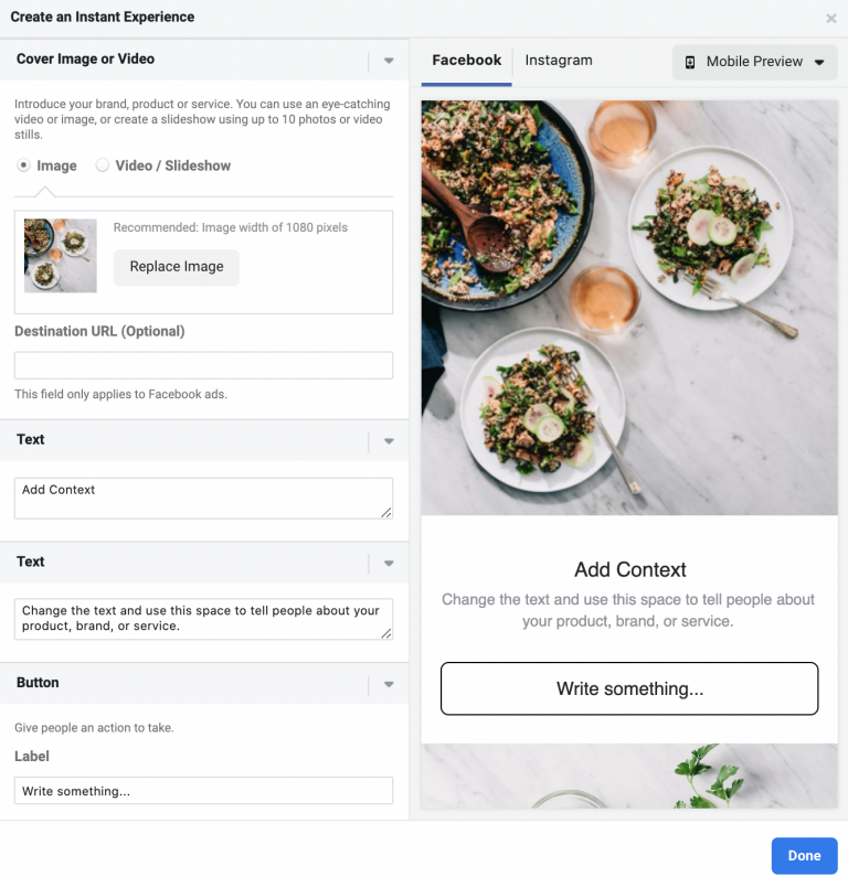 A screenshot of an interface for creating an instant experience ad on facebook, featuring a preview window with images of various healthy dishes.