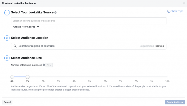 Interface of a marketing platform showing the process to create a lookalike audience, including steps to select a data source, region, and audience size.