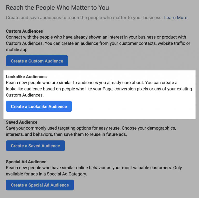 Screenshot of a facebook ads manager interface showing options for creating and saving audiences for targeted advertising campaigns.