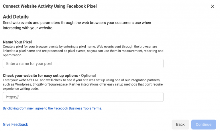 A screenshot of the setup process for a facebook pixel, which is used to track website activity for advertising purposes.