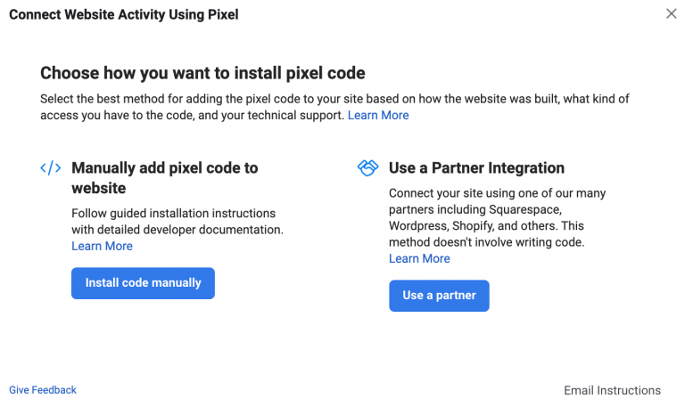 A screenshot of a web interface offering two options to connect website activity using pixel code: "manually add pixel code to website" and "use a partner integration.