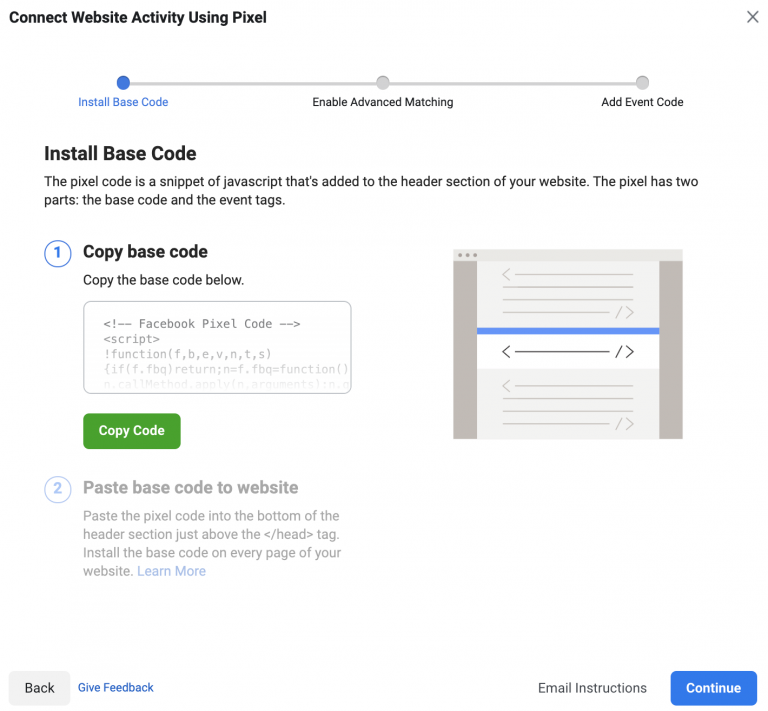 Screenshot of an online guide for installing a website activity tracking pixel with step-by-step instructions and a highlighted "copy code" button.
