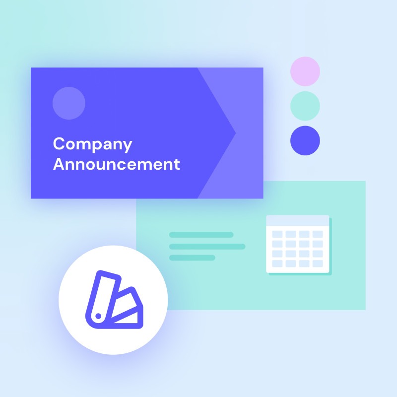 Graphic representation of a business announcement with accompanying icons for documents and a calendar.