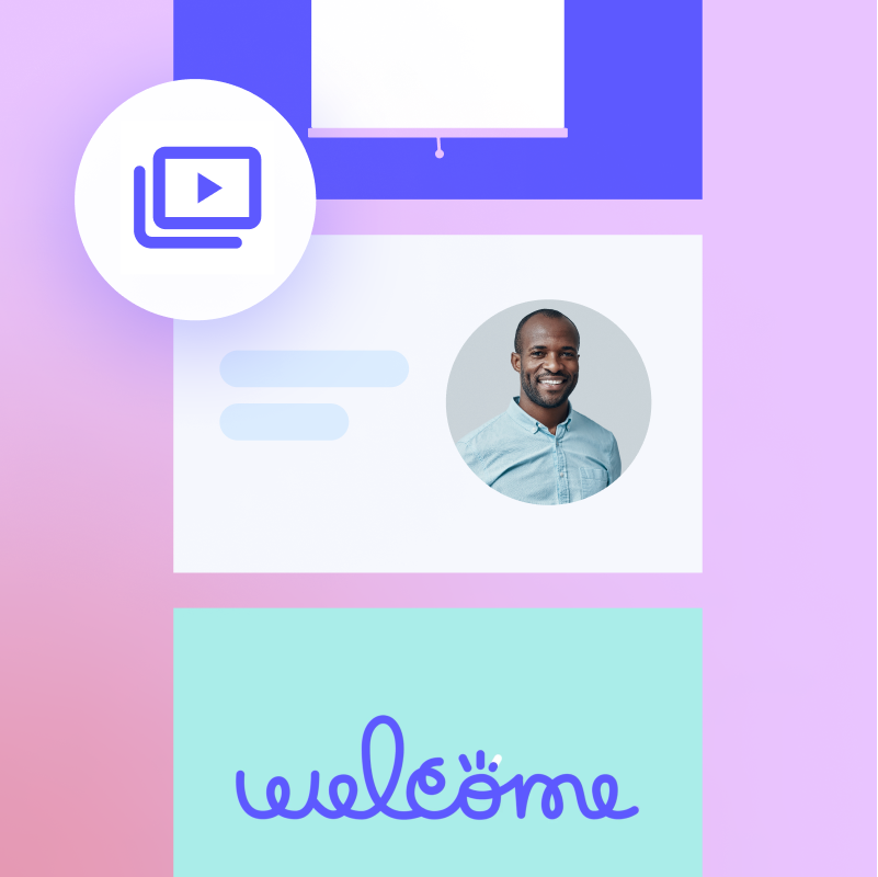 A graphic design featuring a smiling man's profile picture, a welcome message, and multimedia icons on a pastel background.