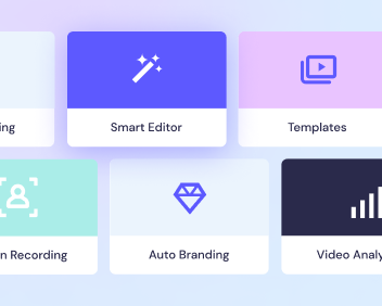 Graphic design or video editing software interface showcasing feature icons such as smart editor, auto branding, and templates.