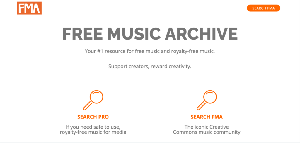 Website homepage for the free music archive, a resource for free and royalty-free music, emphasizing support for creators and offering a search feature.