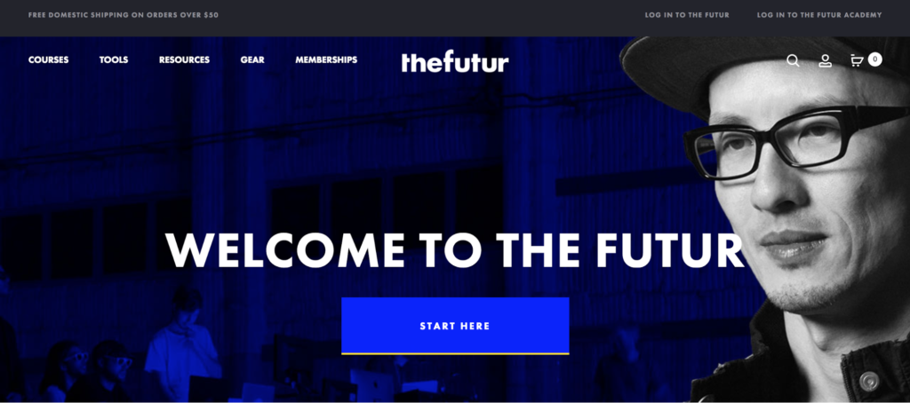 Website homepage of 'the futur' featuring a welcome message and a person in the background.