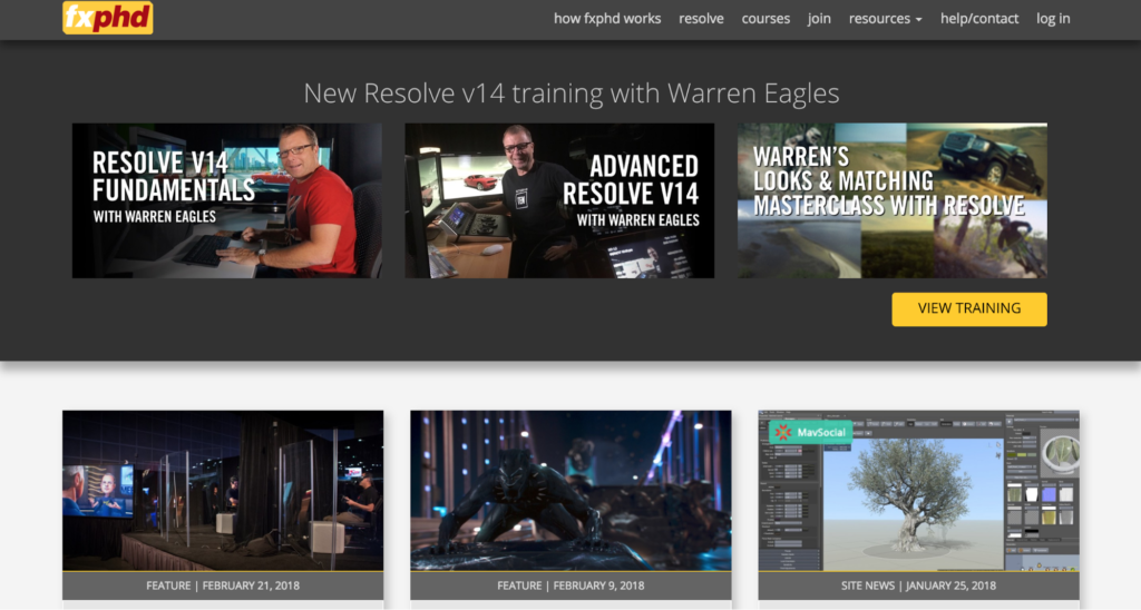 A screenshot of the fxphd website showcasing online courses and tutorials for color grading and visual effects software, featuring thumbnails and titles for davinci resolve training and other related content.