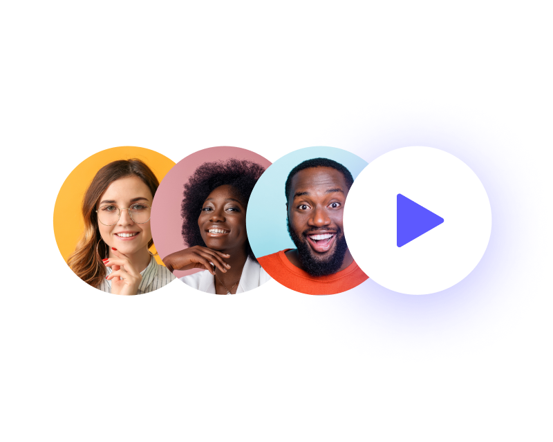 Three smiling individuals with a play button icon, representing diverse content creators or multimedia engagement.