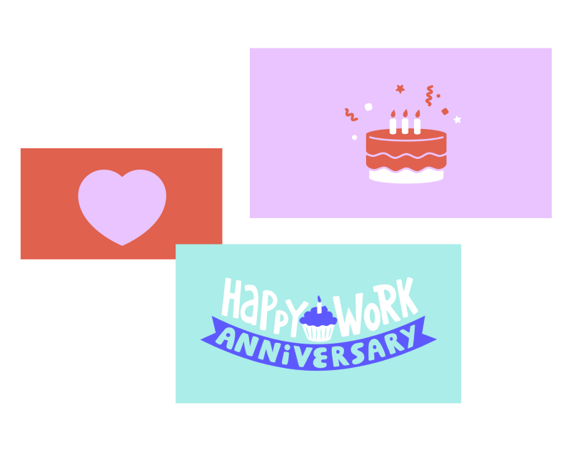 A collage of three decorative cards, one with a heart, another with a birthday cake, and the third with the text 'happy work anniversary' and a cupcake illustration.