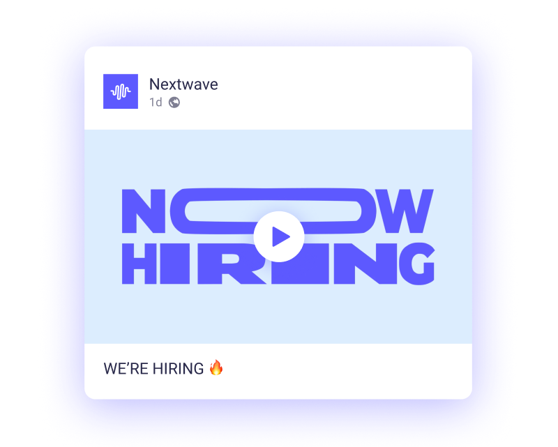 A digital advertisement indicating that nextwave is currently hiring, featuring a prominent "now hiring" text with a play button symbol and a flame emoji for emphasis.