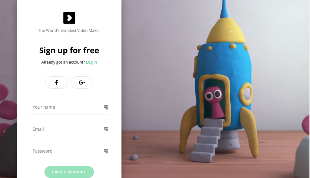 A playful claymation-style character with a rocket design stands next to a sign-up form for an online service.