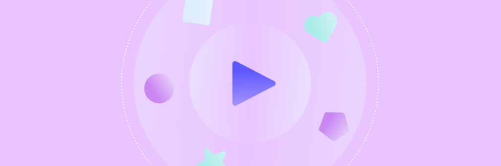 Abstract graphic with a play button surrounded by various shapes on a purple background.