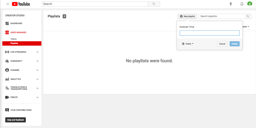 Youtube channel management interface showing no playlists created, with button to create a new playlist visible.