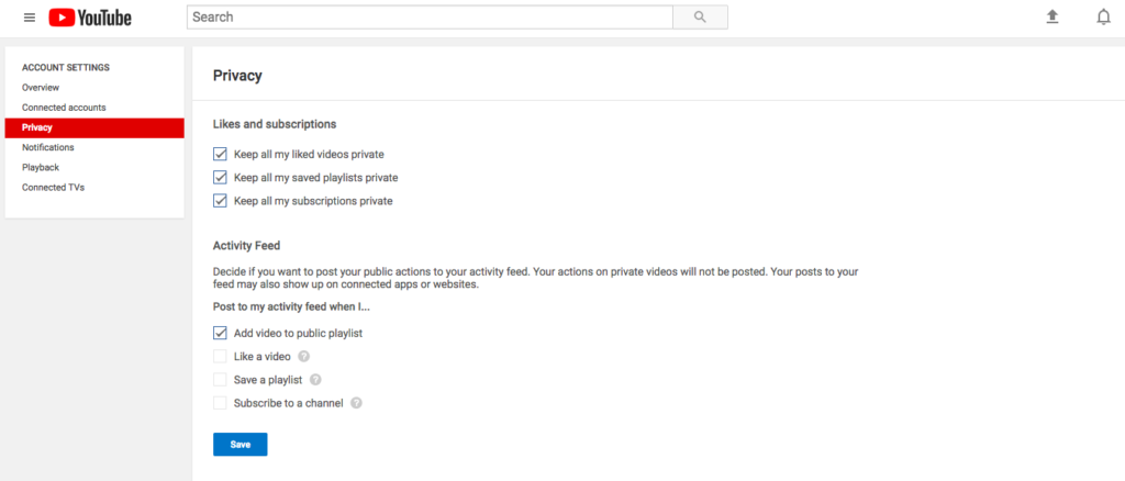 Screenshot of youtube’s privacy settings page with options for likes and subscriptions visibility.