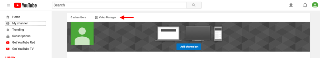 Screenshot of a youtube channel banner with an arrow pointing to the 'video manager' link.