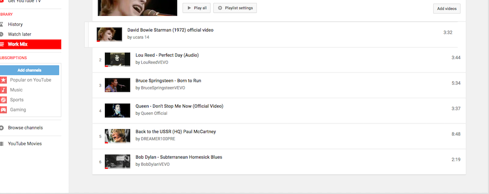 A screenshot showing a youtube playlist with various music videos and audio tracks from artists like david bowie, lana del rey, bruce springsteen, and bob dylan.