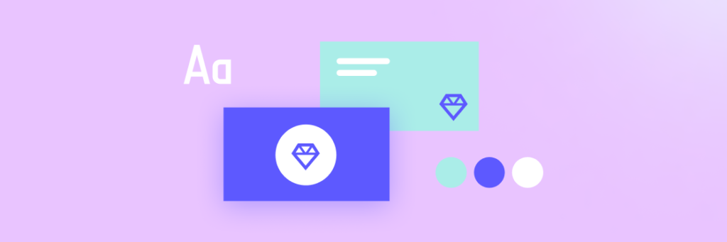 Graphic design elements showcasing typography, icons, color palettes, and interface components on a purple background.