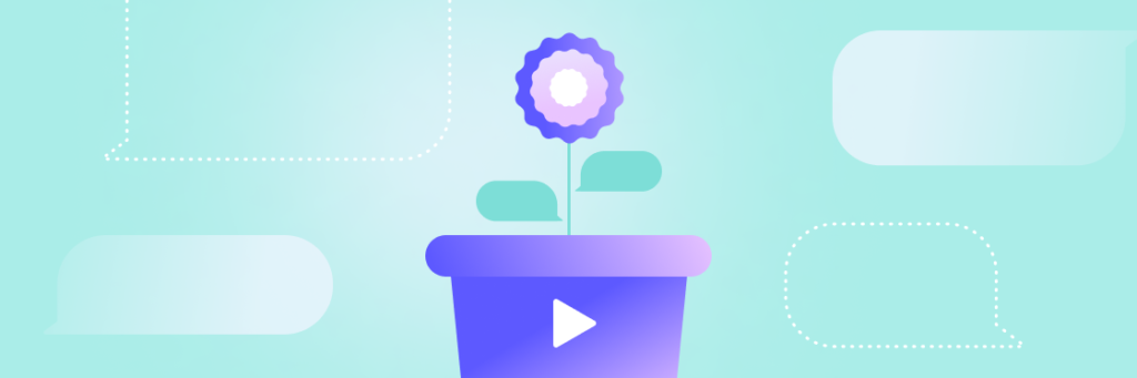 A stylized graphic of a purple potted plant with a play button on the pot, set against a light green background with abstract shapes.